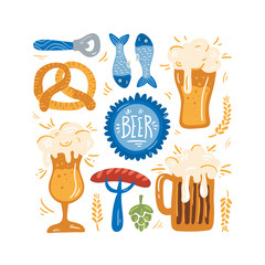 Beer fest set. Vector illustration in doodle style. Isolated on a white background. Party celebration in a pub.