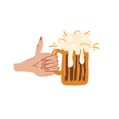Hands holding the beer bottle. Vector illustration in doodle style. Isolated on a white background. Party celebration in a pub.
