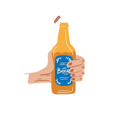 Hands holding the beer bottle. Vector illustration in doodle style. Isolated on a white background. Party celebration in a pub.