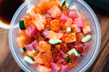 Salmon, tuna, salmon roe and crab sticks don