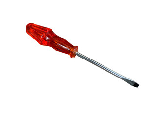 Orange flat-mouth screwdriver made from clear plastic materials Is a device used to tighten screws and repair work. Isolated on white background with clipping path.