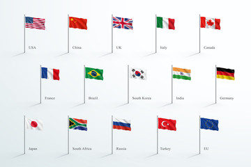 Flags Of The World Flying On 3d Flagpole Vector Set