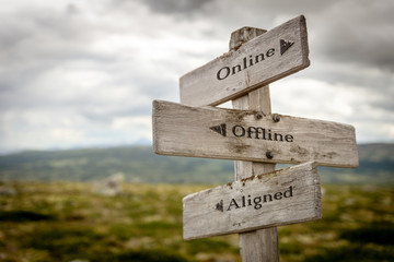 online offline aligned text engraved on wooden signpost outdoors in nature.