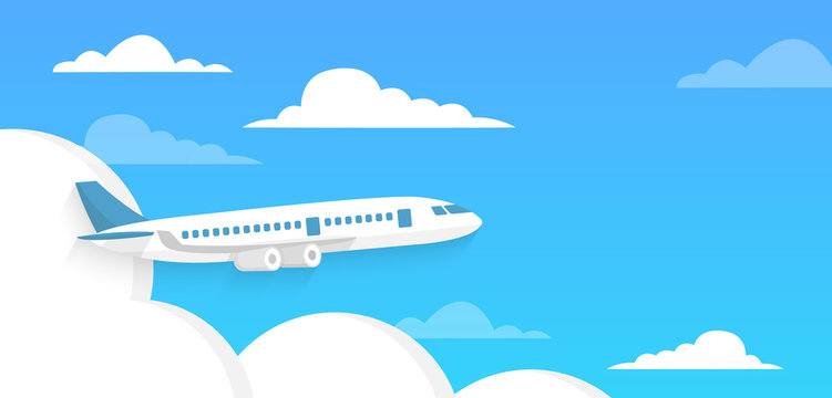 Airplane flies in the sky and cloud on blue background. Concept time to travel. Vector in flat style.