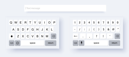 Mock up light keyboard of smartphone. Set of vector mobile keyboards full set. Alphabet and numerals buttons in modern style. Compact virtual keyboard for mobile device.  Vector illustration