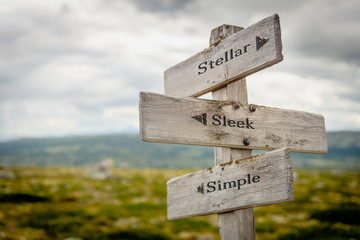 stellar sleek simple text engraved on wooden signpost outdoors in nature.