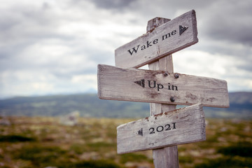 wake me up in 2021 text engraved on wooden signpost outdoors in nature.