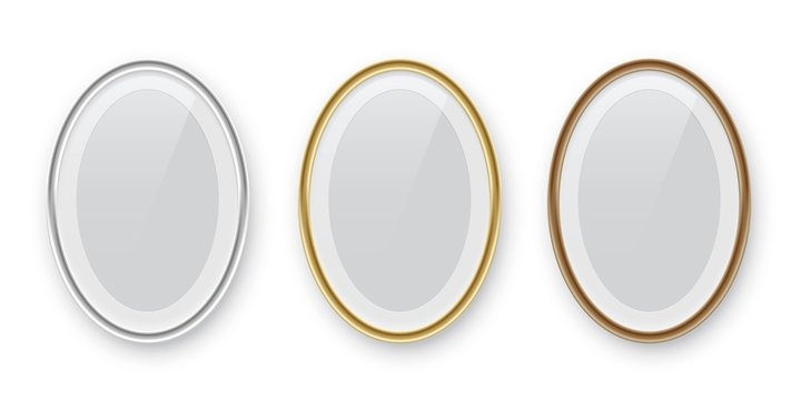 Oval podium frames. Golden, silver and bronze borders isolated on white background. Vector illustration