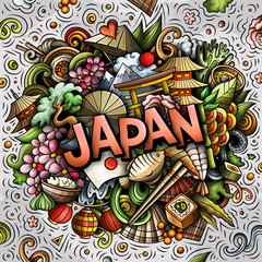 Japan hand drawn cartoon doodles illustration. Funny travel design.