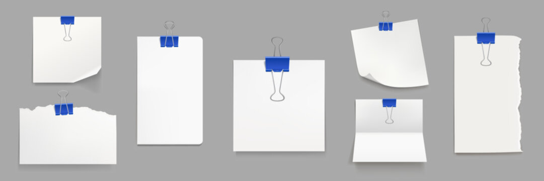 White paper sheets with blue binder clips isolated on gray background. Vector realistic set of blank notes, pages and paper pieces with curled up corner, fold and torn edges