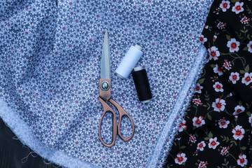 Sewing accessories, scissors, threads, fabric