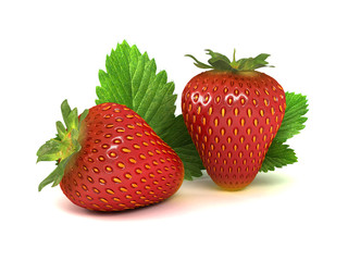 Two red ripe strawberries and green leaves on a white background. 3 D illustration. 3 D objects.