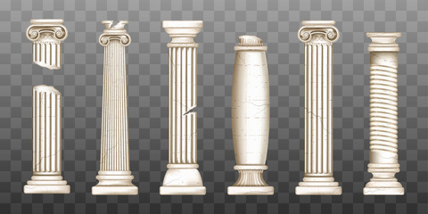 Ancient roman columns, marble baroque architecture. Vector realistic old broken antique greek pillars with capitals in doric, corinthian, ionic and tuscan style isolated on transparent background - obrazy, fototapety, plakaty