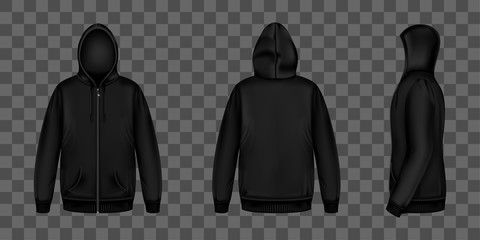 Black sweatshirt with zipper, hood and pockets front, back and side view. Vector realistic mockup of male zip hoodie with long sleeve. Warm shirt, men sport jacket isolated on transparent background