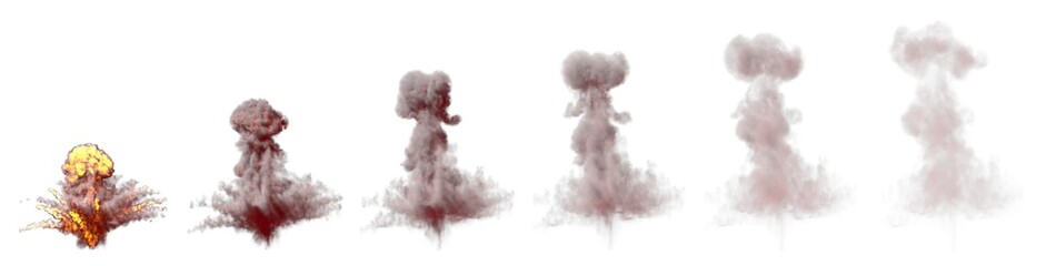 a lot images of huge bomb explosion mushroom cloud with fire and fume isolated on white background - 3D illustration of objects