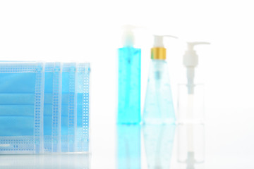Alcohol gel bottle sanitizer hand and Medical face masks
