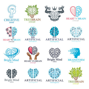 Brain and intelligence vector icons or logos concepts set. Artificial Intelligence, Bright Mind, Brain Training, Feelings soul versus Rational thinking, Creativeness, Brainstorming, Mental Health.