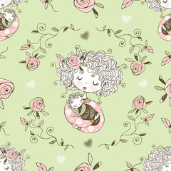 Seamless pattern on the topic of motherhood. Mom and baby. Vector.