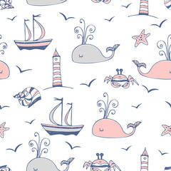 Naklejka premium Seamless pattern on a marine theme with ships and whales. Vector.