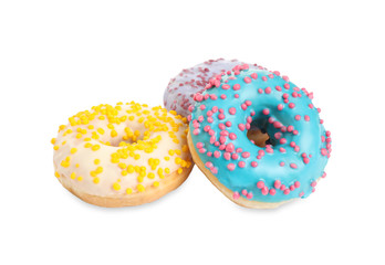 Sweet tasty glazed donuts on white background