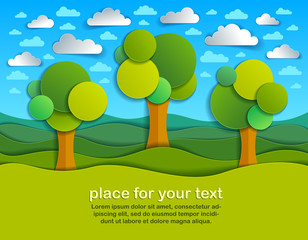 Three trees in the field scenic nature landscape cartoon modern style paper cut vector illustration.