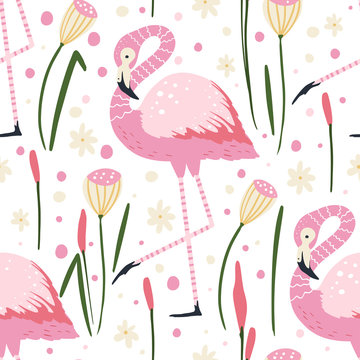 Flamingo bird vector seamless pattern. Cartoon tropical summer background with pink exotic jungle animal, tropic palm and flowers. Kid illustration.