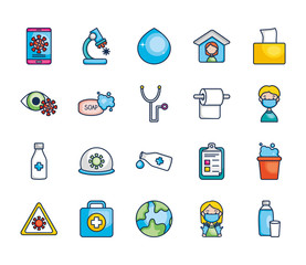 water drop, virus and medicine icon set, line color style