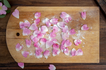 rosehip petals in icing sugar