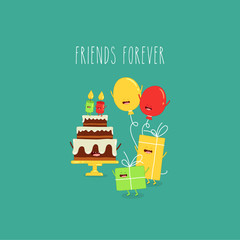 birthday cake balloons friends forever. Vector illustration. - 350283785
