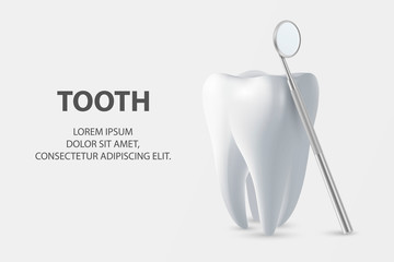 Dental Inspection Banner, Plackard. Vector 3d Realistic Dentist Mirror for Teeth with Tooth Icon Closeup on White Background. Medical Dentist Tool. Design Template. Dental Health Concept