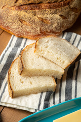 Close up on a stack of sliced sour dough bread, with space for text on top and bottom