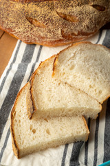 Macro close up on a stack of sliced sour dough bread