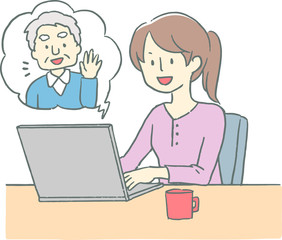 Fototapeta na wymiar 女性とおじいちゃんがパソコンを使ってテレビ会議してるイラスト
