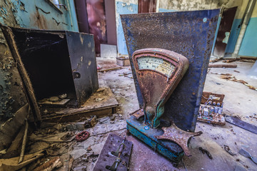Fototapeta na wymiar Interior of old Jupiter Factory in Pripyat city located in Chernobyl exclusion area, Ukraine