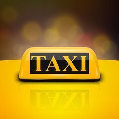 Vector 3d Realistic Yellow French Taxi Sign Icon with Reflection Closeup Isolated on Black Background. Design template for Taxi Service, Mockup. Front View
