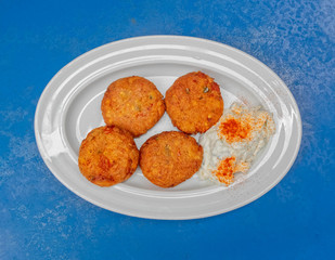 delicious minched tomato fries with tzatziki sauce, gourmet Greek plate