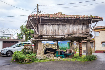 Horreo, historic wooden granary on a pillars in Guerres, small village in Asturias region, Spain