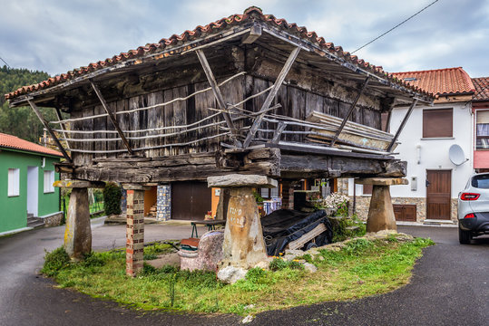 Horreo, historic wooden granary on a pillars in Guerres, small village in Asturias region, Spain