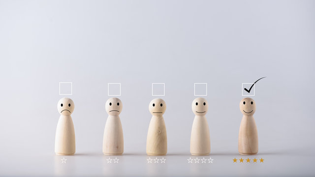 Customer service And satisfaction survey results give a 5-star rating and a smiley face. Customer feedback is very good.Wooden doll with icons showing emotions and scores.