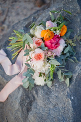Fototapeta na wymiar Wedding bouquet with peony, ranunculus, rose