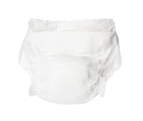 Single disposable baby diaper isolated on white - obrazy, fototapety, plakaty
