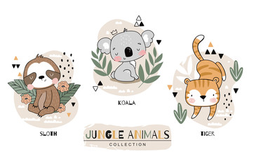 Jungle animals baby characters collection. Cute koala bear, sloth bear and tiger with floral backdrop. Hand drawn cartoon icon design vector illustration.