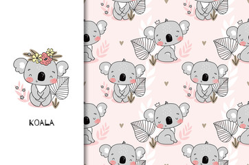 Cute koala bear baby animal character. 2 in 1, kids card and seamless pattern set. Hand drawn jungle animal design illustration. © TheBlackRabbit