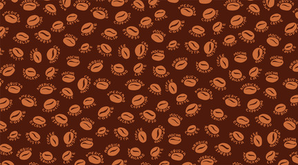 Coffee beans pattern background with varied coffee drink name beside the beans. Doodle style. Vector Illustration.