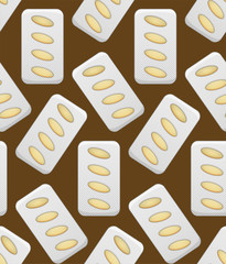 Blisters with oval fish oil pills seamless pattern on brown background