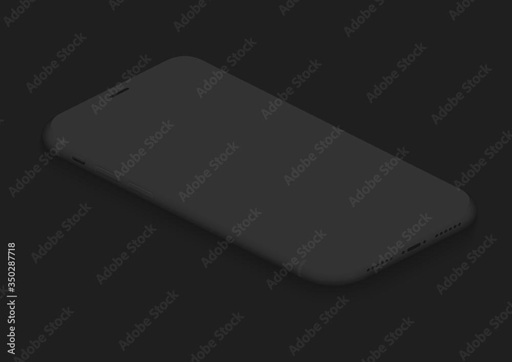 Aufkleber Soft isometric full black vector smartphone. 3d realistic empty screen phone template for inserting any UI interface, advertisment, test presentation. Floating soft mock up design perspective view.