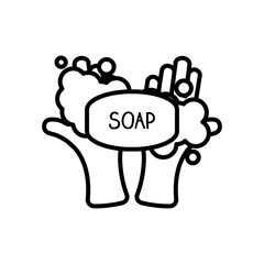 hand with soap bar and foamy, line style