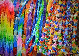 Hiroshima Peace Memorial Park. Paper cranes hanging outside of the Children's Peace Monument.They serve as a sign that the children who make them desire a world without nuclear war. 