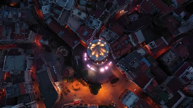 Aerial view of Galata Tower, Golden Horn (Halic) and Historical Peninsula at night in Istanbul Turkey. 4K Drone footage.