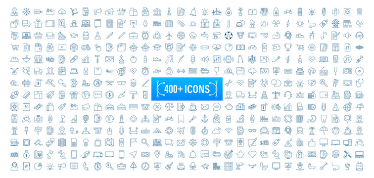 400 Line art set with icon set. Thin line. Social media, technology, seo, logistic, education, sport, medicine, travel, weather, construction, finance, contact us, music. Vector stock illustration.
